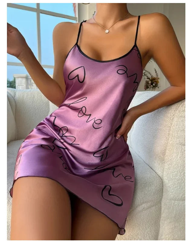 Heart Print Scoop Neck Criss Cross Women's Sleepwear Nightdress
