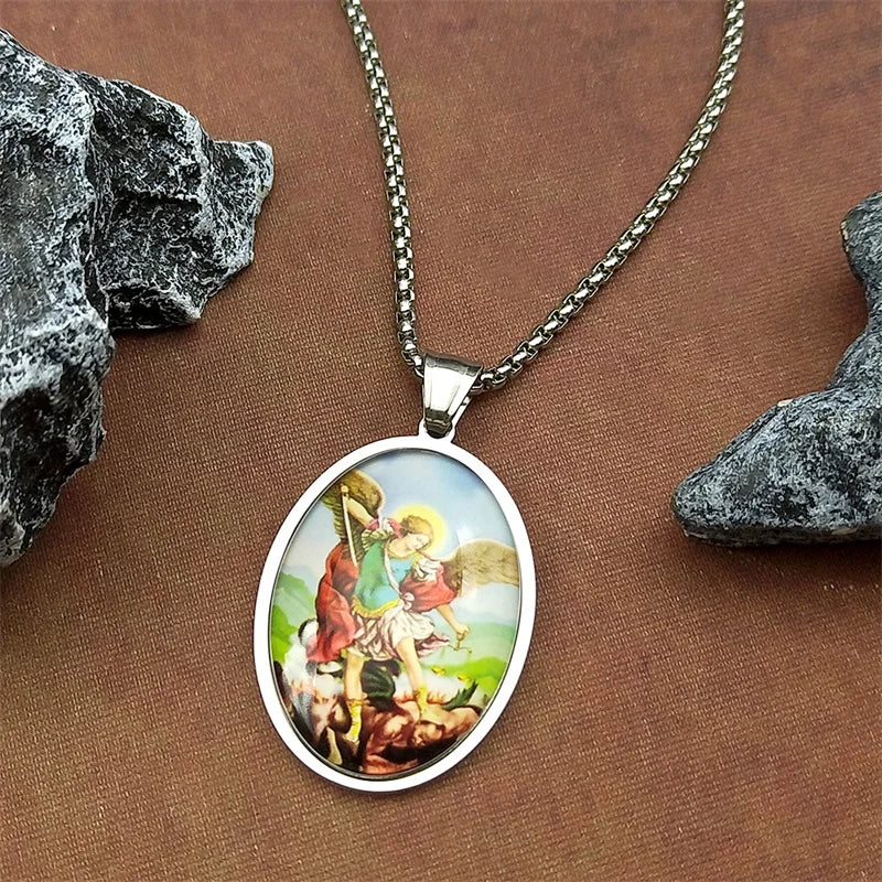 Women Men Stainless Steel Gold Color Christian Amulet SAINT MICHAEL PROTECT US Archangel Glass Medal Pendant Necklace