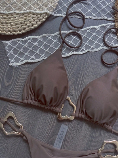 Women Bikini Solid Color Lace-up Split Two-piece Swimsuit Swimwear Suit