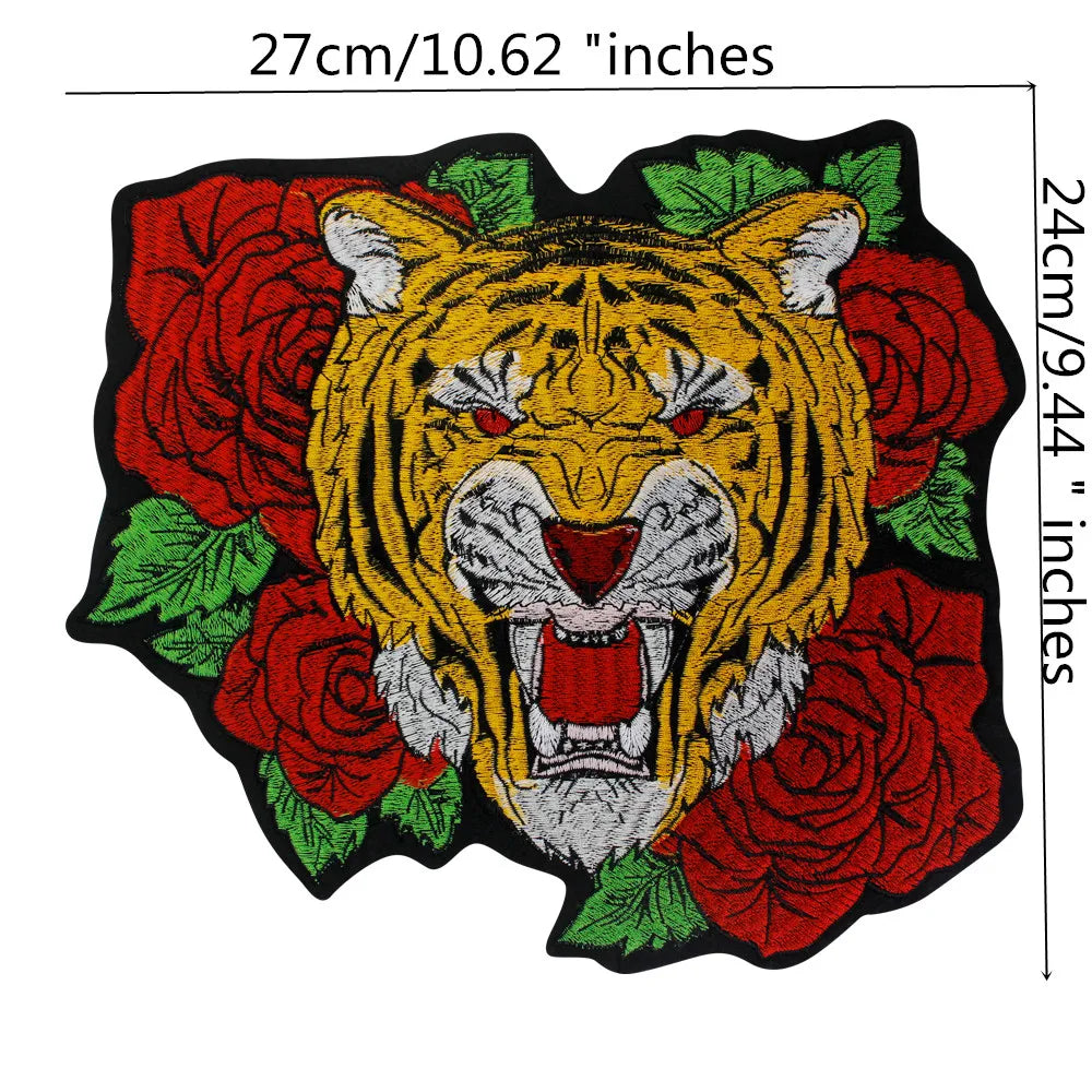Large Size Biker Applique Fierce Tiger head Embroidery Patches Iron on for Clothes Animal Stickers Patch