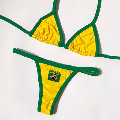 Women Swimwear Swimsuit Two-pieces Brazil Flag Bathing G-string Thong Brazilian Bikini Suit