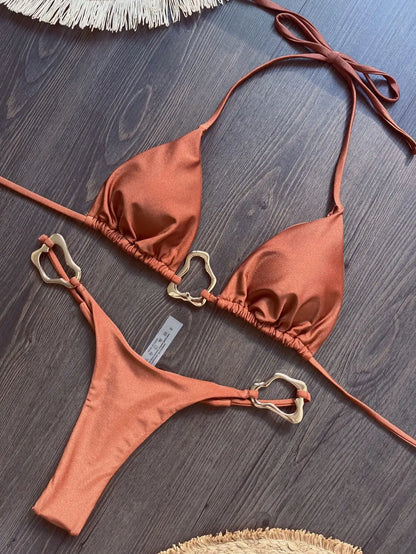 Women Bikini Solid Color Lace-up Split Two-piece Swimsuit Swimwear Suit