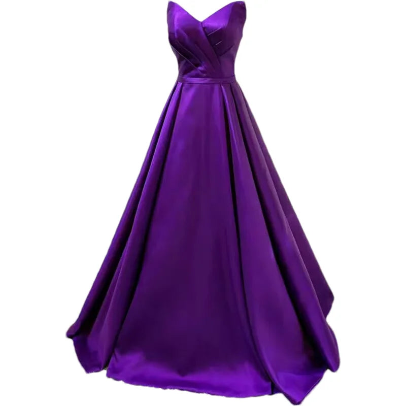 Women Strapless Simple Satin A Line Evening Party Formal Gown Corset Pleat Sweetheart Long Prom Dress w/Pocket