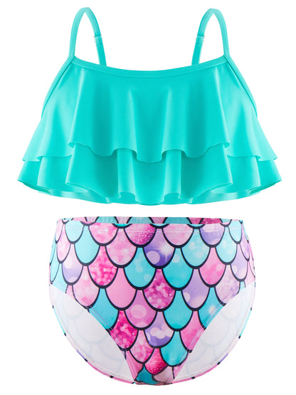 2pcs Kids Girl Sleeveless Pink Ruffle Crop Tops Scale Print Swim Briefs Swimming Suit