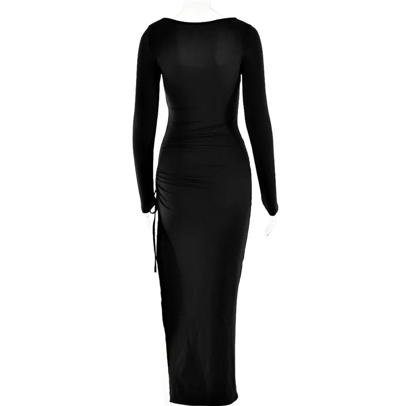 Women Long Sleeve Ruched High Split Maxi Square Collar Drawstring Bodycon Sexy Partyd Dress