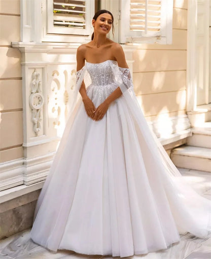 Boho Strapless Long Tulle Sleeves A Line Wedding Sweep Train Bridal Princess Dress