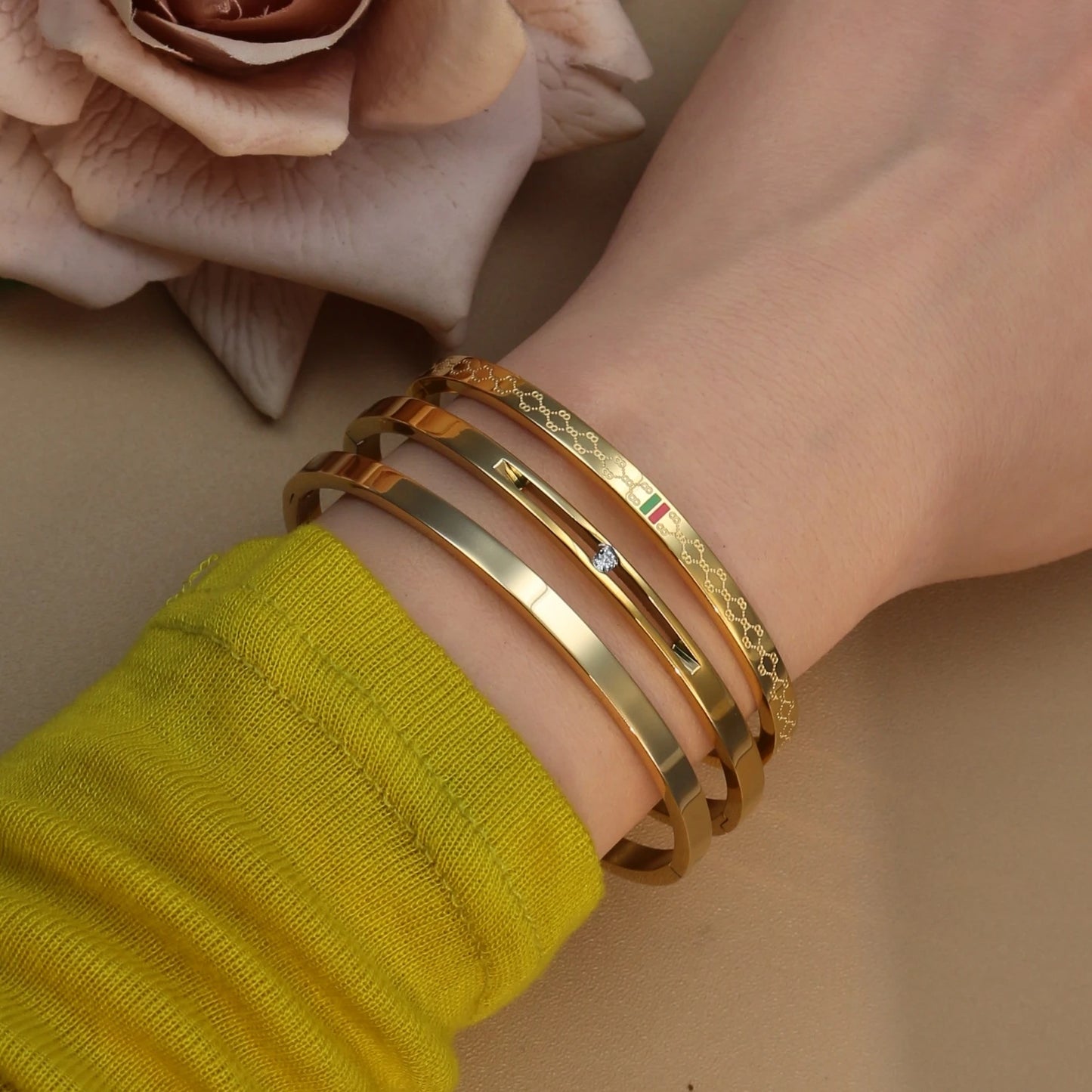 18K Gold Plated Stainless Steel Polished Zircon 50MM Bangles Bracelet