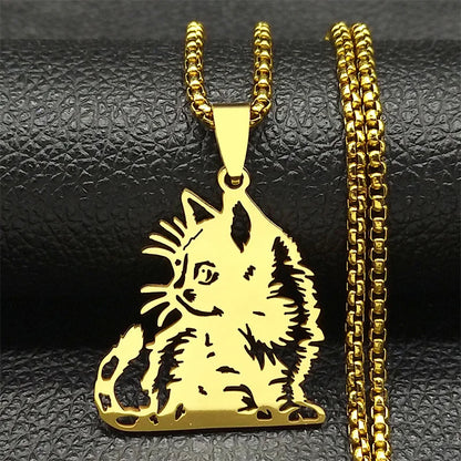 Siamese Kitten Kitty Animal Cat Unisex Stainless Steel Gold Silver Color Hollow Chain Pendant Necklace