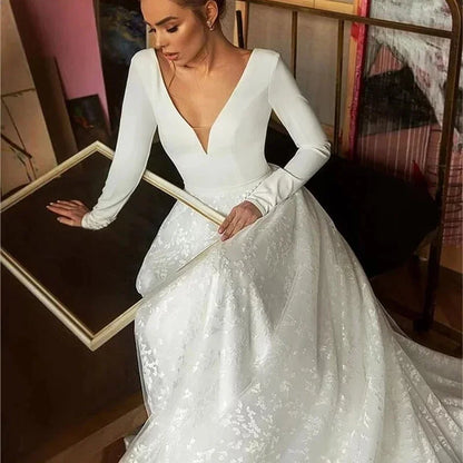 Boho Lace Robe V Neck Wedding Satin Long Sleeves Simple Bridal Dress Gown