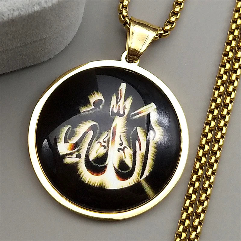 Men Women Stainless Steel Gold Color Islamic Muslim Amulet Arabic Allah Shine Glass Pendant Necklace