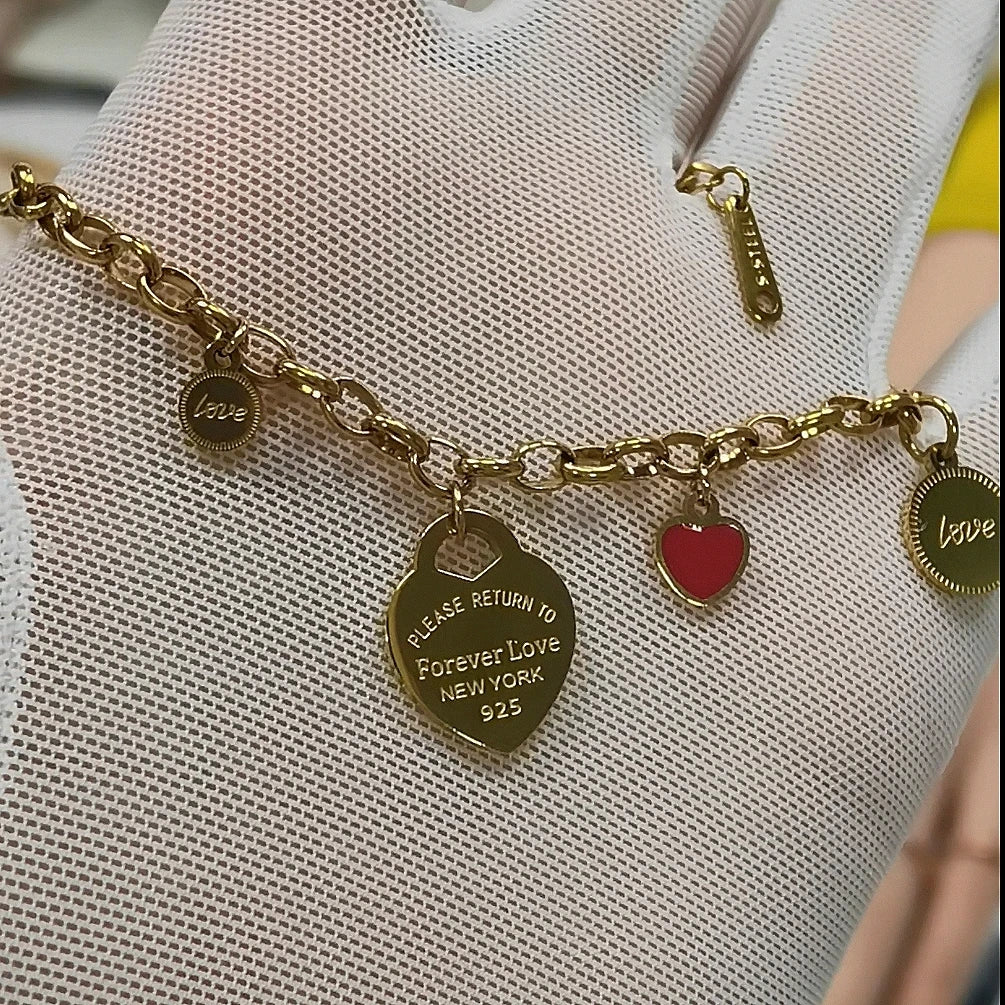 Women Fashion Stainless Steel Gold color Bangle LOVE Heart Pendant LOVE Bracelet
