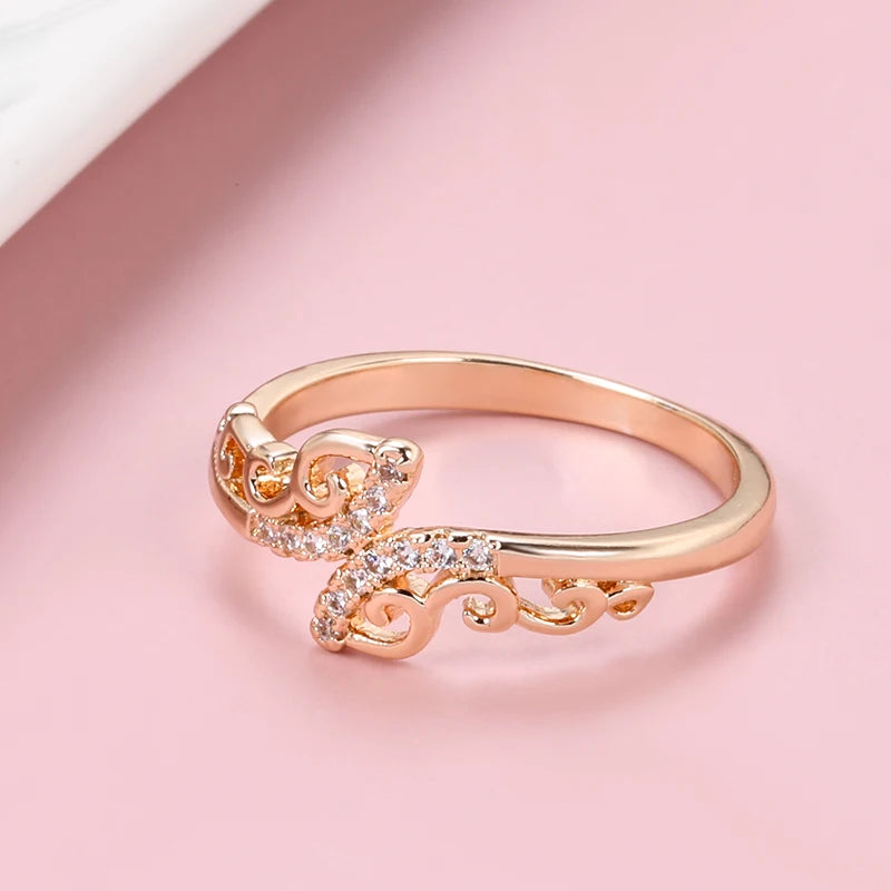 Women 585 Rose Gold Luxury Butterfly Pattern Natural Zircon Micro Wax Inlay Wedding Ringsf