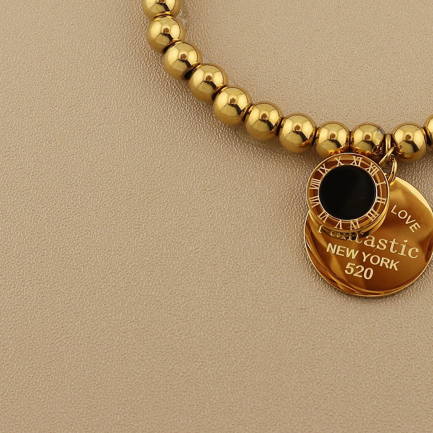 Women Fashion Cutout Medallion Pendant Elastic Rope Stainless Steel Bead Chain Bracelet