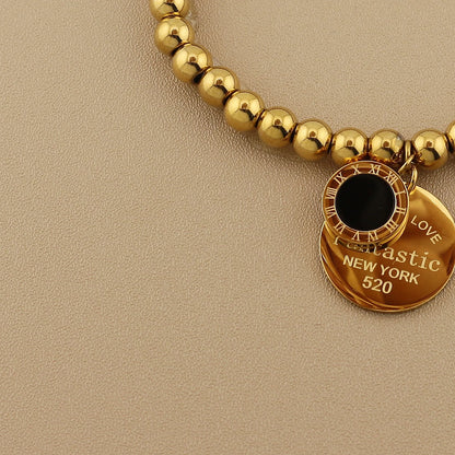 Women Fashion Cutout Medallion Pendant Elastic Rope Stainless Steel Bead Chain Bracelet