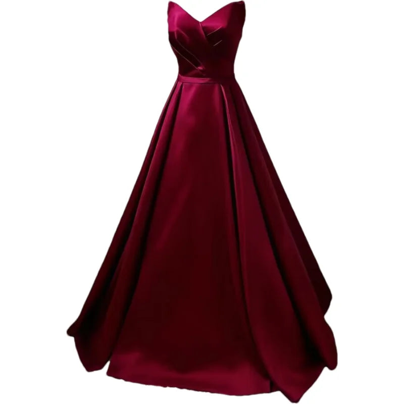 Women Strapless Simple Satin A Line Evening Party Formal Gown Corset Pleat Sweetheart Long Prom Dress w/Pocket