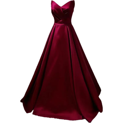 Women Strapless Simple Satin A Line Evening Party Formal Gown Corset Pleat Sweetheart Long Prom Dress w/Pocket