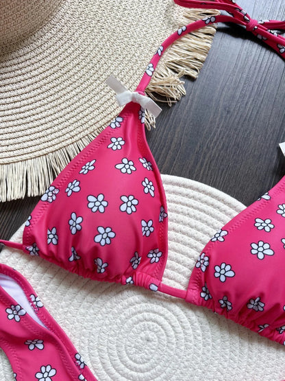 Sexy Flowers Printed Halter High Leg Cut Swimsuit Swimwear Two-pieces Bikini Bathing Suit