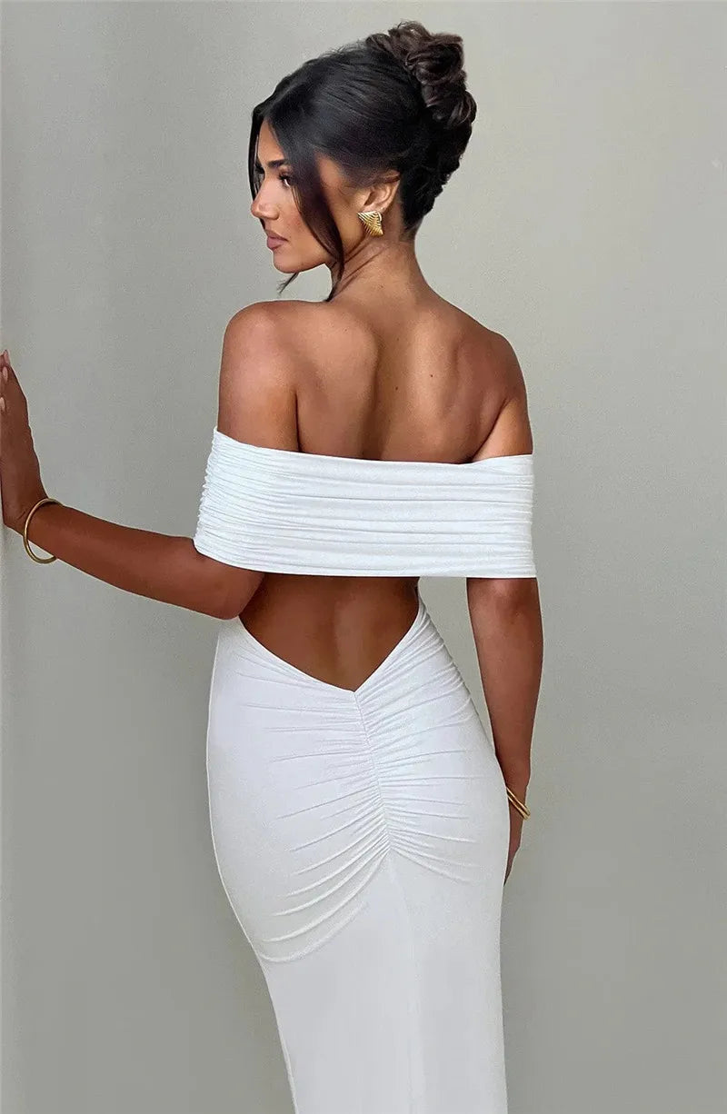 Women Strapless Backless Maxi Solid Off-shoulder Sleeveless Bodycon Long Dress