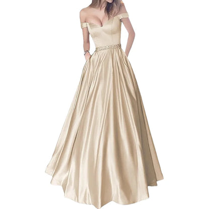 Women Off The Shoulder Beaded Satin V Neck Corset A Line Long Formal Prom Evening Party Gown Dress w/Pocket