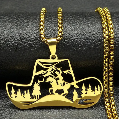 Horse Animal Western Cowboy Hat Tree Women Men Stainless Steel Silver Color Chain Necklace