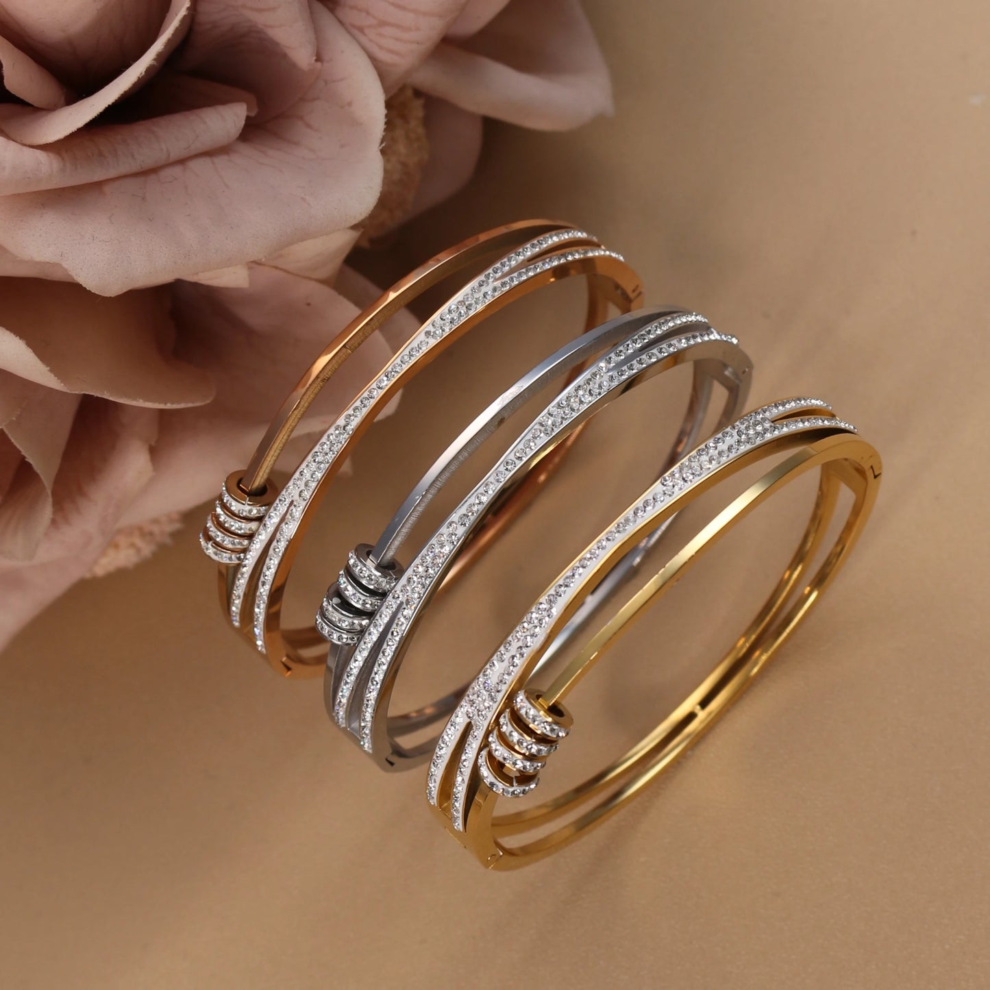 Delicate Crystal Cutout Knot Stainless Steel Gold Color Women's Charm Bracelet