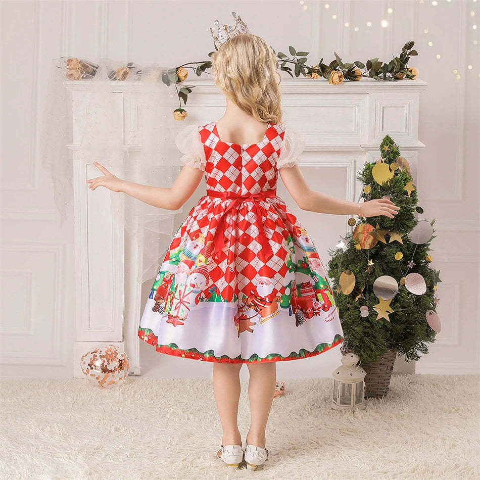 Girls Kids New Year Party Santa Claus Snowman Print Cosplay Costume Xmas Princess Theme Party Dress