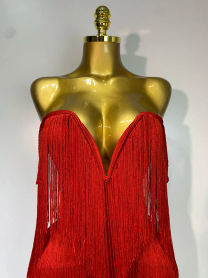 Sexy Strapless Tassel Off Shoulder Bandage Celebrity Evening Party Mini Birthday Dress