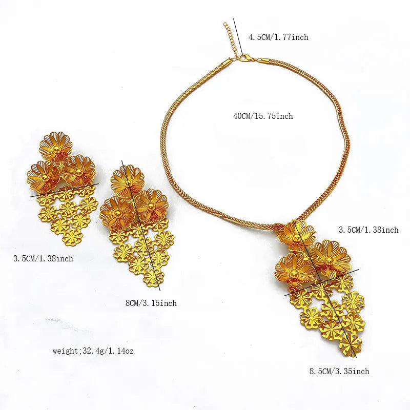 Indian 24k Gold Color Bridal Ethiopian Africa Flower Dubai Necklace Earrings Jewelry afSets