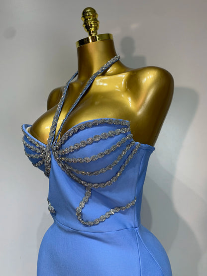 Sexy Halter Long Bandage Shiny Crystal Backless Evening Party Birthday Dress
