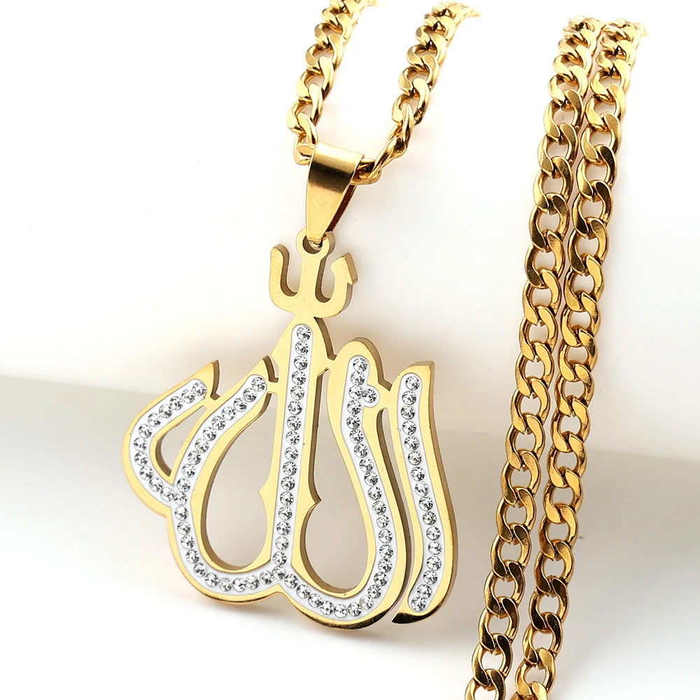Men Women Stainless Steel Gold Color Muslim Chain Amulet Islamic Arabic Allah Full Rhinestones Pendant Necklace