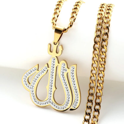 Men Women Stainless Steel Gold Color Muslim Chain Amulet Islamic Arabic Allah Full Rhinestones Pendant Necklace