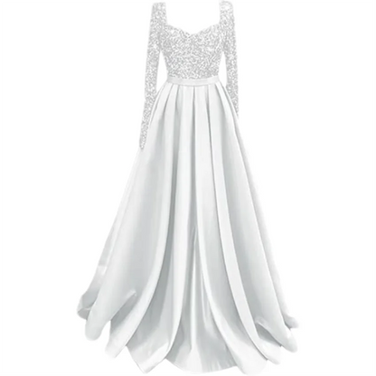 Long Sleeve Sequin Prom Long Satin Women Formal A-Line Evening Party Ball Gown Dress w/ Pockets