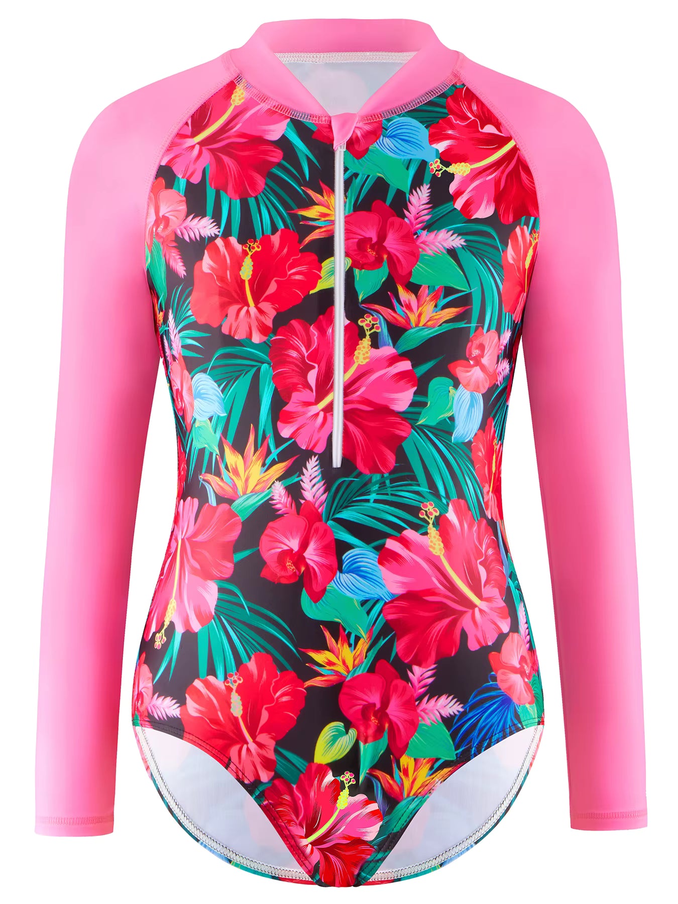 Girls Kids One Piece Long Sleeve Floral Print Bikini Cut Bottom Swimwear Beach Swim