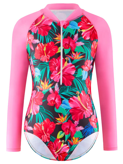 Girls Kids One Piece Long Sleeve Floral Print Bikini Cut Bottom Swimwear Beach Swim