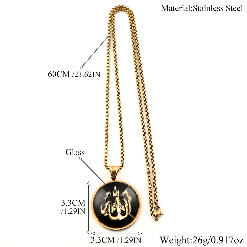 Men Women Stainless Steel Gold Color Islamic Muslim Amulet Arabic Allah Shine Glass Pendant Necklace
