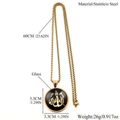 Men Women Stainless Steel Gold Color Islamic Muslim Amulet Arabic Allah Shine Glass Pendant Necklace
