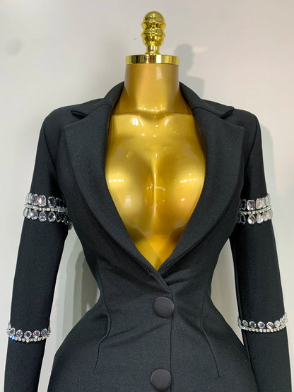 Sexy Long Sleeve V Neck Beading Rhinestone Mini Bandage Celebrity Evening Party Birthday Dress
