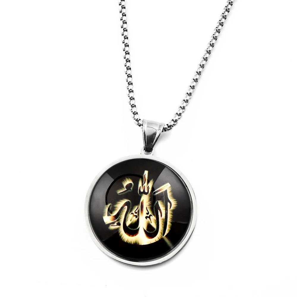 Men Women Stainless Steel Gold Color Islamic Muslim Amulet Arabic Allah Shine Glass Pendant Necklace
