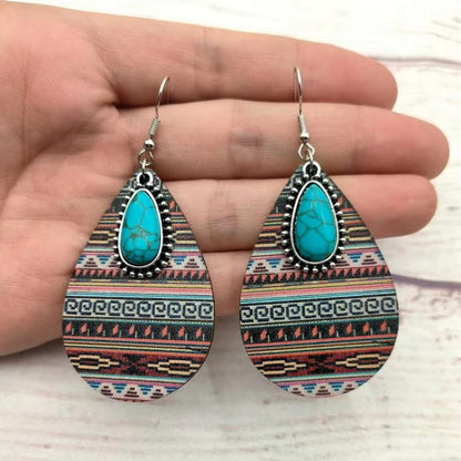 Women Bohon Vintage Turquoise Teardrop Aztec Wooden Earrings