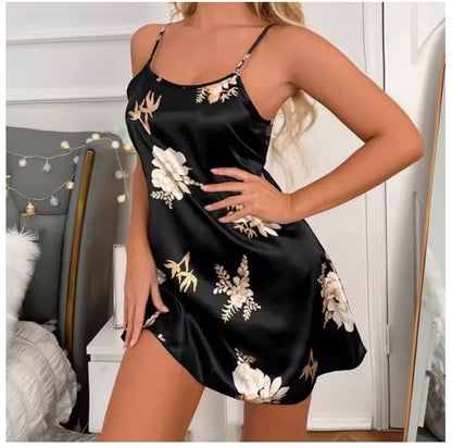 Women Nightwear Black Floral Print Nightdress Sleepwear Gowns