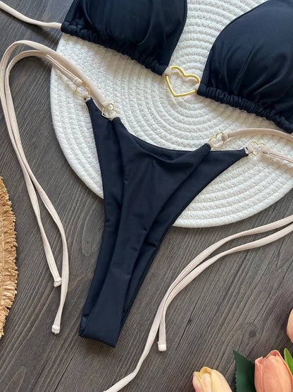 Solid Color Bikini Low Waist Lace-up Fashionable Swimsuit Two-piece Suit