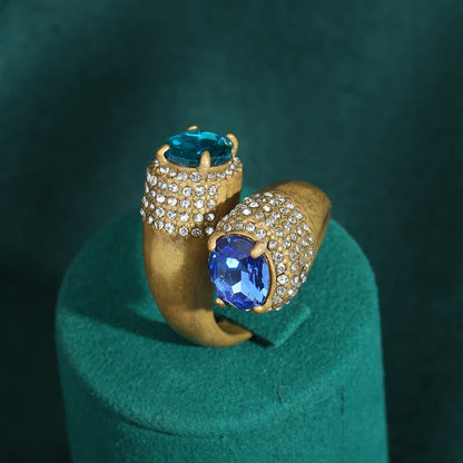 Women Blue Natural Stone Open Leopard Fashionable Water Drop Gold Color Pearl Flower Ring