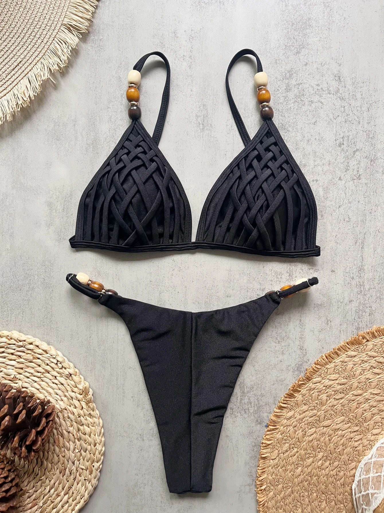 Sexy Women Pearls Strap Hole Out Push Up Bra Thong Swimsuit Brazilian Beach Bathing Micro Bikini Suit