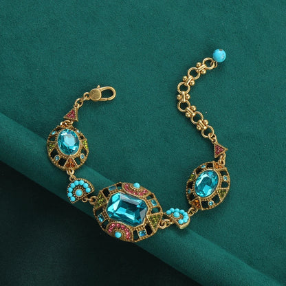 Bohemia Antique Gemstone Women Vintage Boho Beads Square Sea Blue Crystal Bangle Charm Bracelet