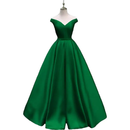 Off-Shoulder A-Line Satin Formal Women Prom Long Evening Party Gown Dress w/ Pockets