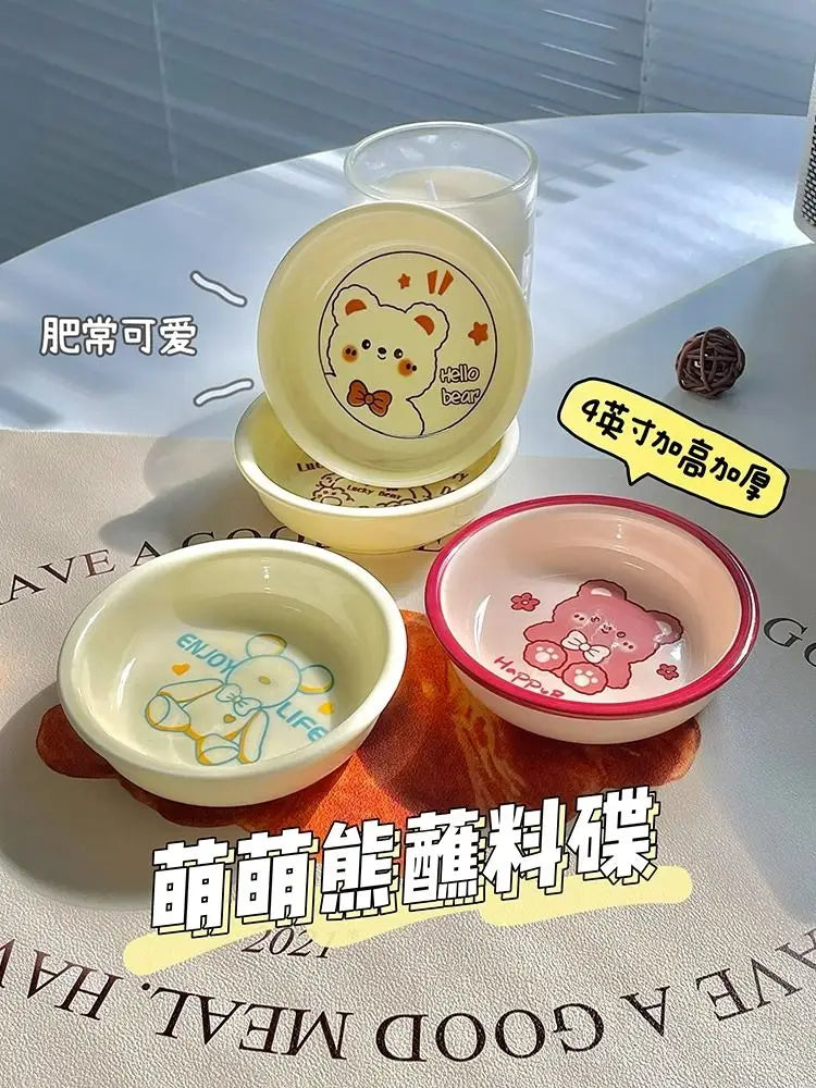 4 Inches Ceramic Disc Cartoon Little Bear Fruit Bowl Dipping Saucer Hot Pot Plate