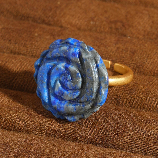 18k gold Vintage Large Rose Flower Natural Stone Engrave Blue Enchantress Luxury Wedding Ring