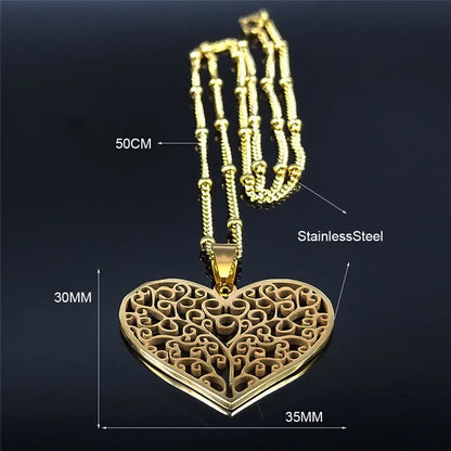 Aesthetic Love Heart Tree of Life Hollow Stainless Steel Gold Color Bead Chain Pendant Necklace