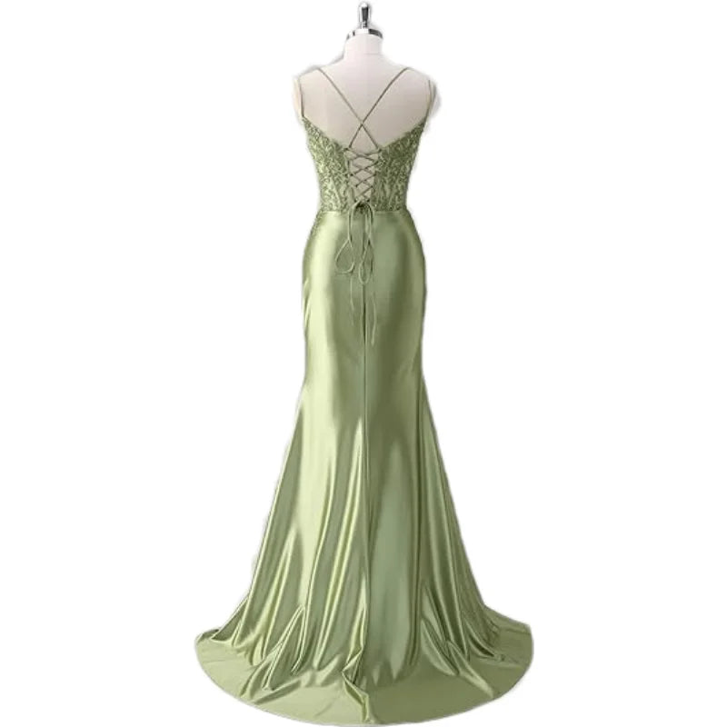 Lace Appliques Satin Prom Women w/ Slit Spaghetti Strap Backless Long Mermaid Evening Formal Dress Gown