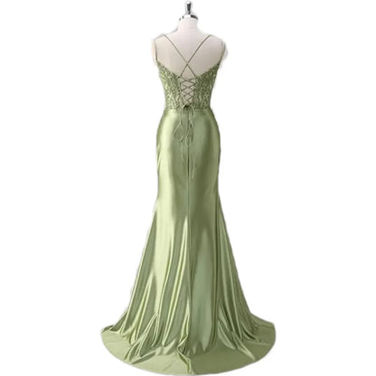 Lace Appliques Satin Prom Women w/ Slit Spaghetti Strap Backless Long Mermaid Evening Formal Dress Gown